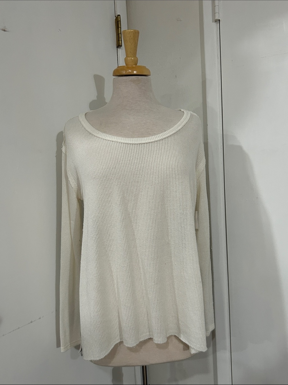 By Together Cream Ribbed Scoop-Neck Long Sleeve Top